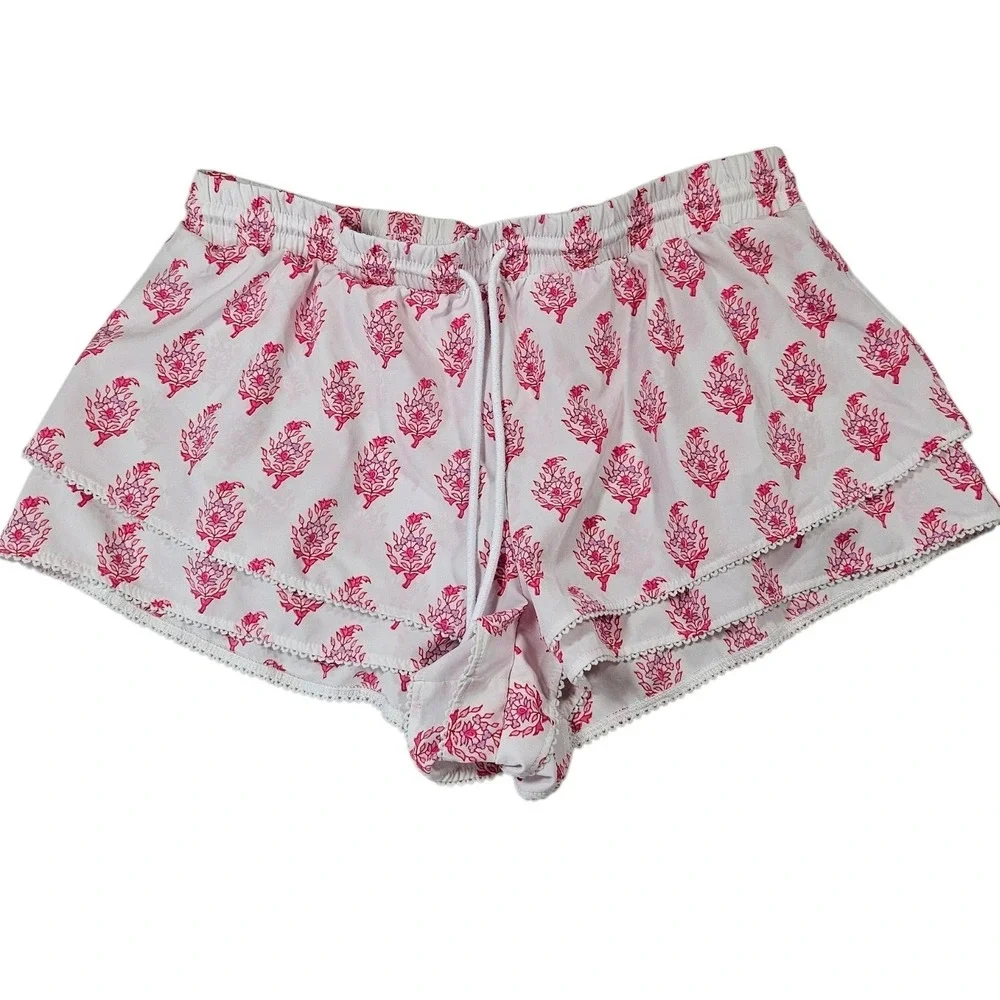 Roller Rabbit Amanda Pink Bouquet Print Ruffle Shorts Embroidered Trim Large Lg‎